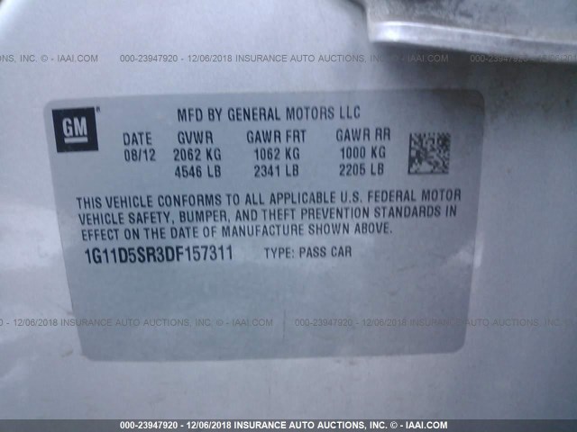 1G11D5SR3DF157311 - 2013 CHEVROLET MALIBU 1LT 银色 照片 9