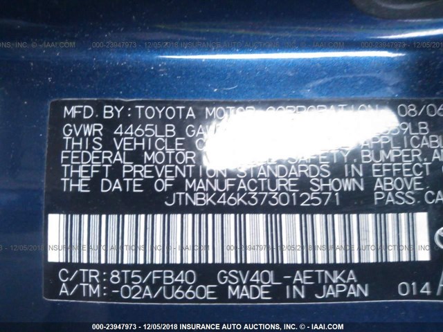 JTNBK46K373012571 - 2007 TOYOTA CAMRY NEW GENERAT LE/XLE/SE BLUE photo 9