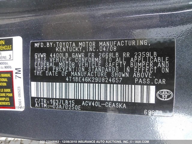 4T1BE46K29U824657 - 2009 TOYOTA CAMRY SE/LE/XLE 灰色 照片 9