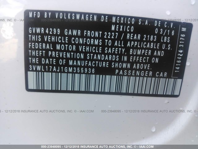 3VWL17AJ1GM355936 - 2016 VOLKSWAGEN JETTA SEL/SEL PREMIUM WHITE photo 9