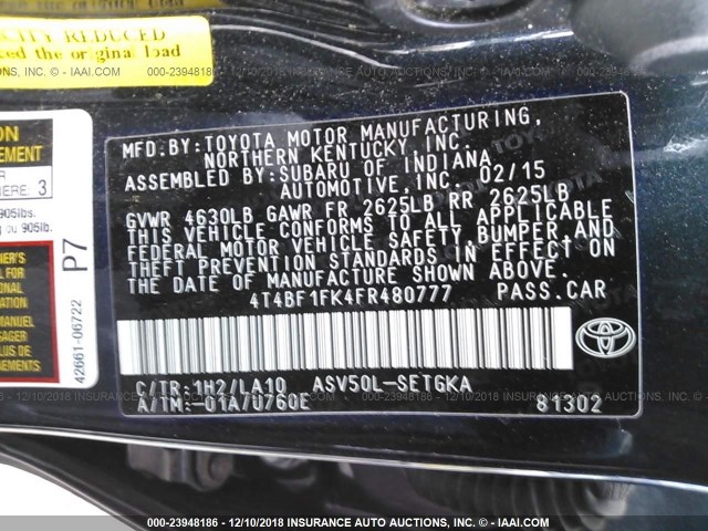 4T4BF1FK4FR480777 - 2015 TOYOTA CAMRY LE/XLE/SE/XSE Dark Blue photo 9