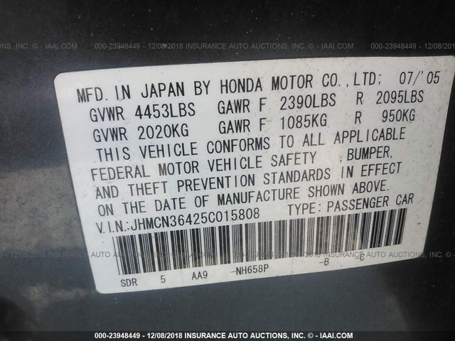 JHMCN36425C015808 - 2005 HONDA ACCORD HYBRID GRAY photo 9