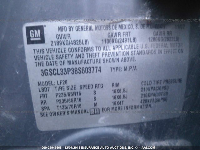 3GSCL33P38S603774 - 2008 SATURN VUE XE GRAY photo 9