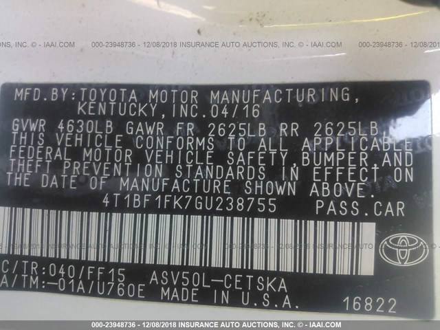 4T1BF1FK7GU238755 - 2016 TOYOTA CAMRY LE/XLE/SE/XSE WHITE photo 9