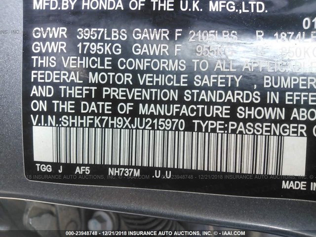 SHHFK7H9XJU215970 - 2018 HONDA CIVIC SPORT TOURING GRAY photo 9