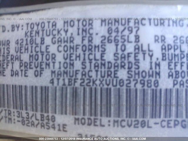 4T1BF22KXVU027980 - 1997 TOYOTA CAMRY CE/LE/XLE RED photo 9