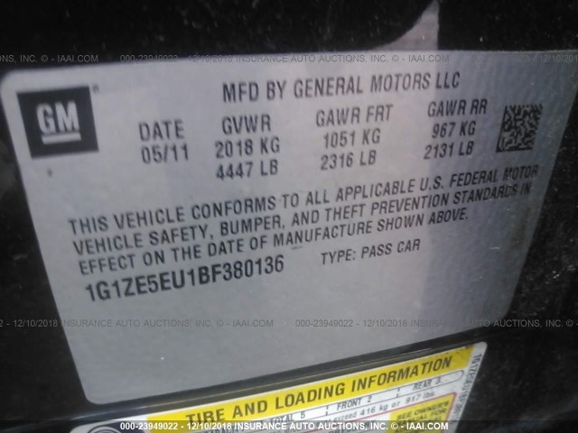 1G1ZE5EU1BF380136 - 2011 CHEVROLET MALIBU LTZ შავი ფოტო 9