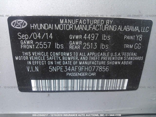 5NPE34AF9FH077856 - 2015 HYUNDAI SONATA SPORT/LIMITED SILVER photo 9