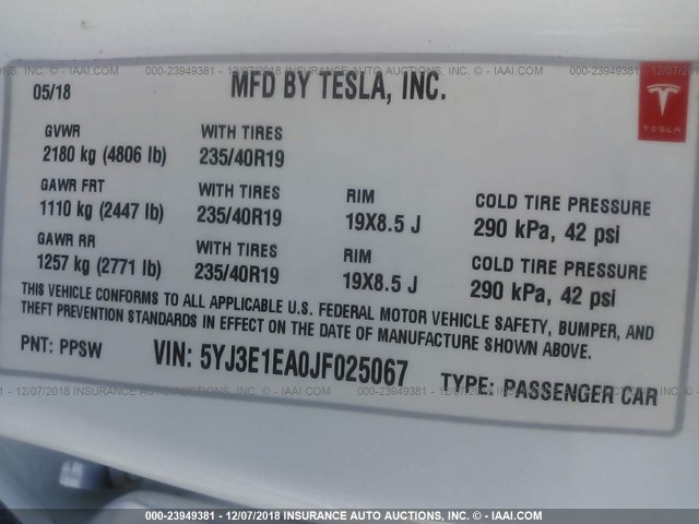 5YJ3E1EA0JF025067 - 2018 TESLA MODEL 3 WHITE photo 9