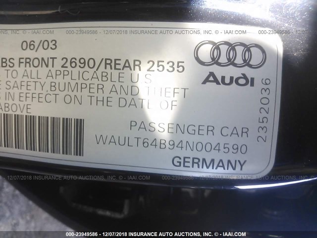 WAULT64B94N004590 - 2004 AUDI A6 3.0 QUATTRO BLUE photo 9