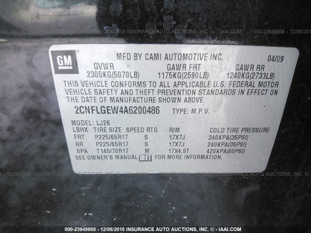 2CNFLGEW4A6200486 - 2010 CHEVROLET EQUINOX LTZ BLACK photo 9