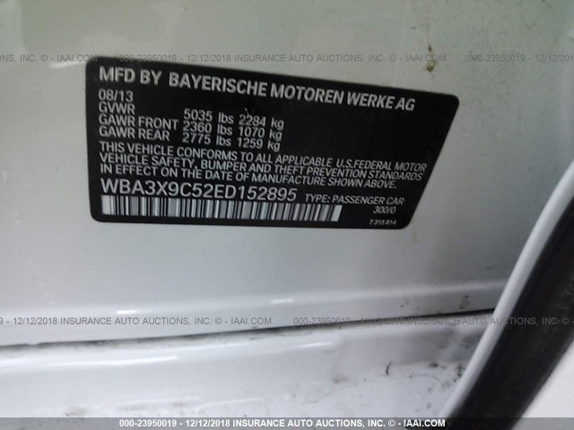 WBA3X9C52ED152895 - 2014 BMW 335 XIGT WHITE photo 9