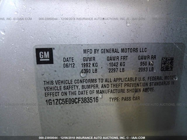 1G1ZC5E09CF383516 - 2012 CHEVROLET MALIBU 1LT 银色 照片 9