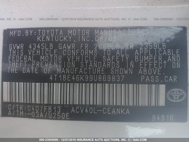 4T1BE46K99U869837 - 2009 TOYOTA CAMRY SE/LE/XLE WHITE photo 9