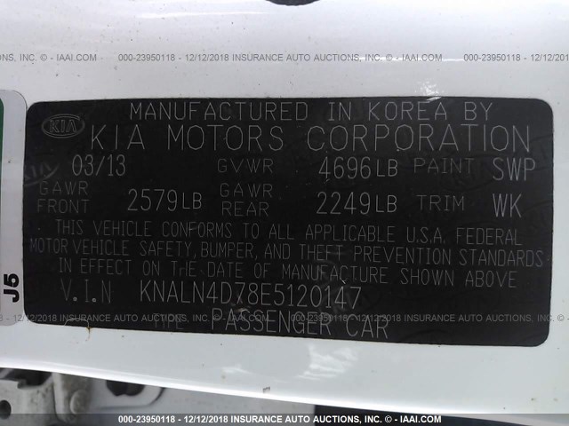 KNALN4D78E5120147 - 2014 KIA CADENZA PREMIUM/LIMITED WHITE photo 9