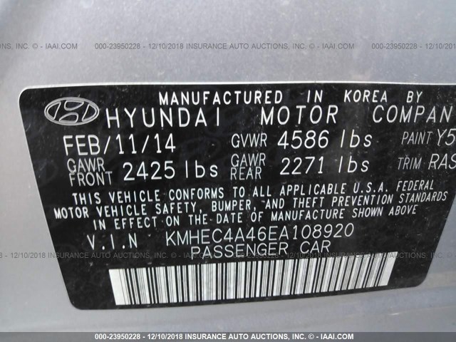 KMHEC4A46EA108920 - 2014 HYUNDAI SONATA HYBRID SILVER photo 9