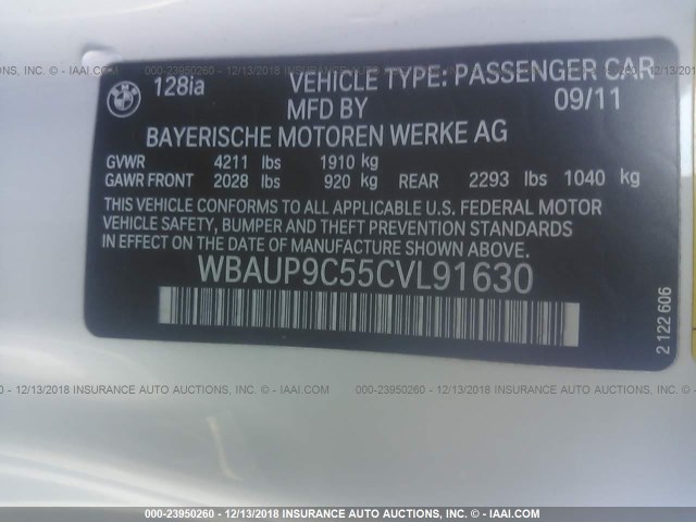 WBAUP9C55CVL91630 - 2012 BMW 128 I WHITE photo 9