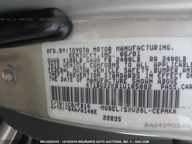 4T1BG22K81U105082 - 2001 TOYOTA CAMRY CE/LE/XLE SILVER photo 9