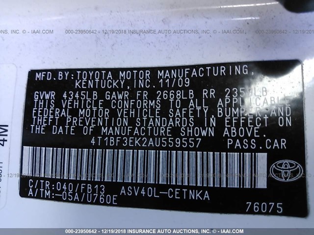 4T1BF3EK2AU559557 - 2010 TOYOTA CAMRY SE/LE/XLE 白色 照片 9