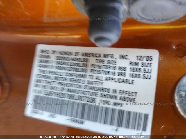 5J6YH28786L007336 - 2006 HONDA ELEMENT EX ORANGE photo 9