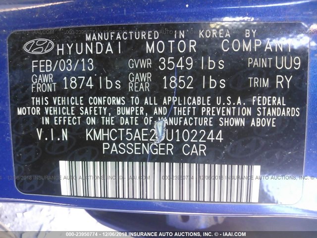 KMHCT5AE2DU102244 - 2013 HYUNDAI ACCENT GLS/GS BLUE photo 9