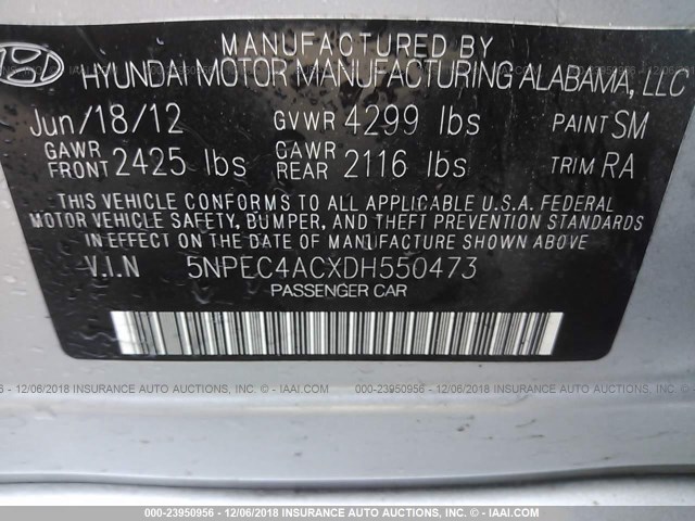 5NPEC4ACXDH550473 - 2013 HYUNDAI SONATA SE/LIMITED SILVER photo 9