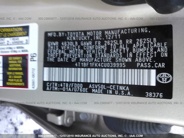 4T1BF1FK4CU039995 - 2012 TOYOTA CAMRY SE/LE/XLE TAN photo 9