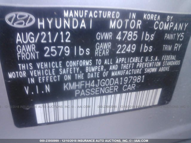 KMHFH4JG0DA197981 - 2013 HYUNDAI AZERA GLS/LIMITED SILVER photo 9