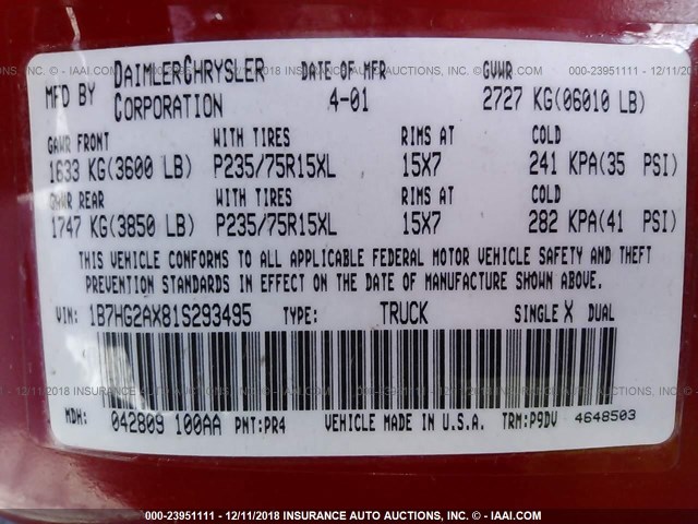 1B7HG2AX81S293495 - 2001 DODGE DAKOTA QUAD RED photo 9