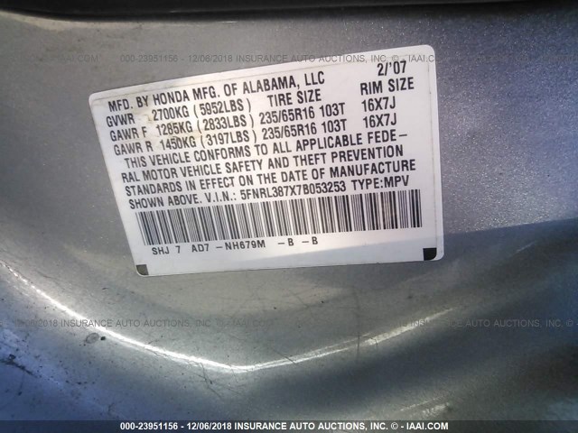 5FNRL387X7B053253 - 2007 HONDA ODYSSEY EXL GRAY photo 9