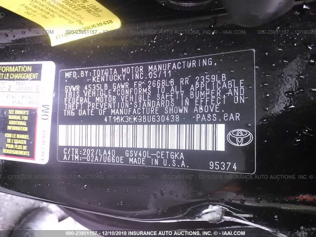 4T1BK3EK3BU630438 - 2011 TOYOTA CAMRY SE/LE/XLE 黑色 照片 9