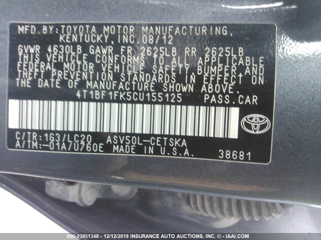 4T1BF1FK5CU155125 - 2012 TOYOTA CAMRY SE/LE/XLE 灰色 照片 9