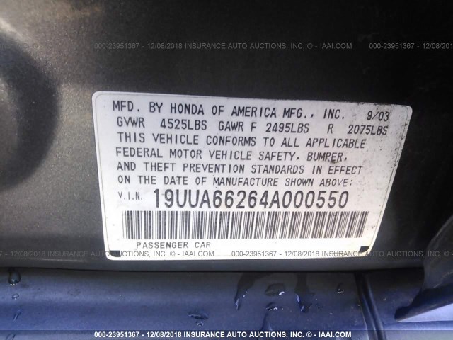 19UUA66264A000550 - 2004 ACURA TL GRAY photo 9