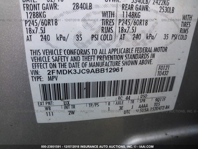 2FMDK3JC9ABB12961 - 2010 FORD EDGE SEL SILVER photo 9