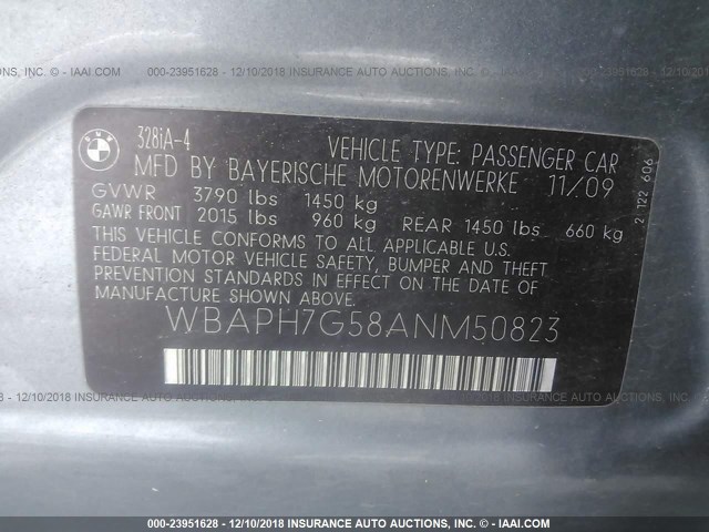 WBAPH7G58ANM50823 - 2010 BMW 328 I GRAY photo 9