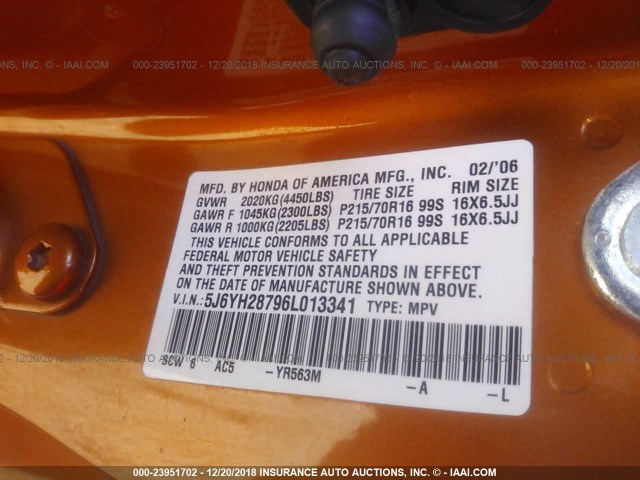 5J6YH28796L013341 - 2006 HONDA ELEMENT EX ORANGE photo 9