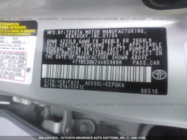 4T1BE30K74U859898 - 2004 TOYOTA CAMRY LE/XLE/SE SILVER photo 9