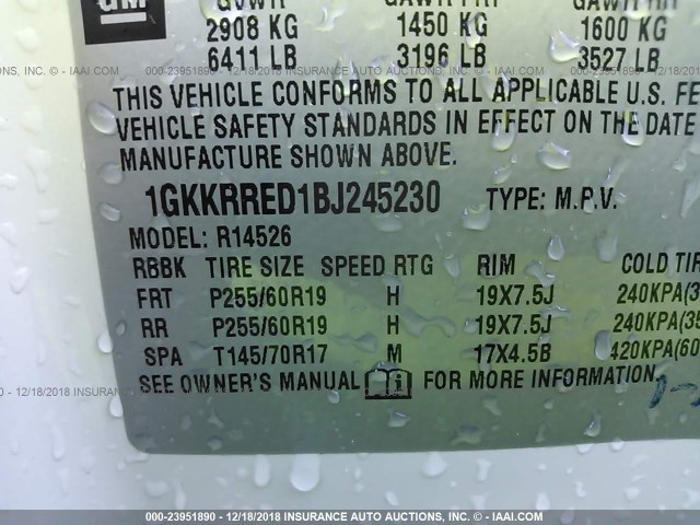 1GKKRRED1BJ245230 - 2011 GMC ACADIA SLT-1 WHITE photo 9