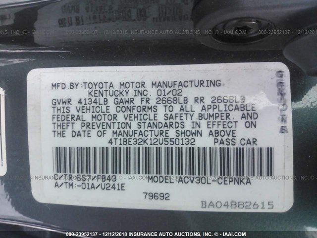 4T1BE32K12U550132 - 2002 TOYOTA CAMRY LE/XLE/SE GREEN photo 9