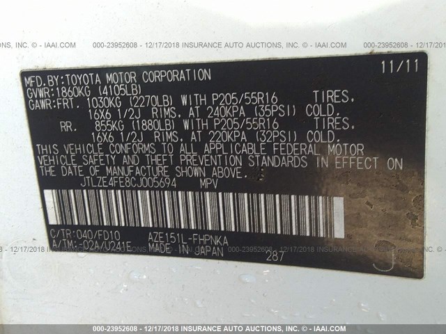 JTLZE4FE8CJ005694 - 2012 TOYOTA SCION XB Ақ фото 9