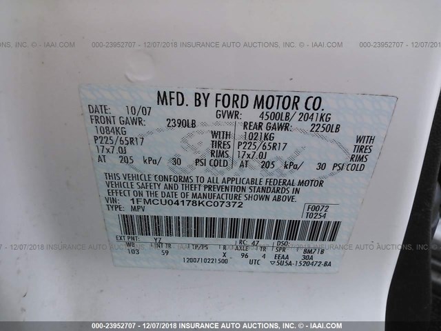 1FMCU04178KC07372 - 2008 FORD ESCAPE LIMITED WHITE photo 9