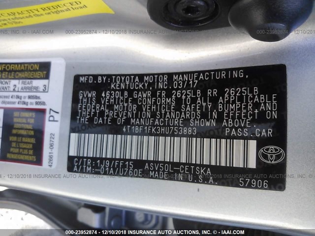 4T1BF1FK3HU753883 - 2017 TOYOTA CAMRY LE/XLE/SE/XSE SILVER photo 9