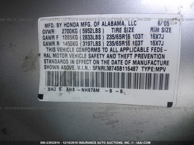 5FNRL38745B116487 - 2005 HONDA ODYSSEY EXL SILVER photo 9