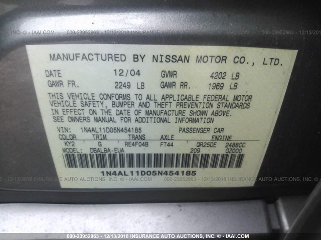 1N4AL11D05N454185 - 2005 NISSAN ALTIMA S/SL TAN photo 9