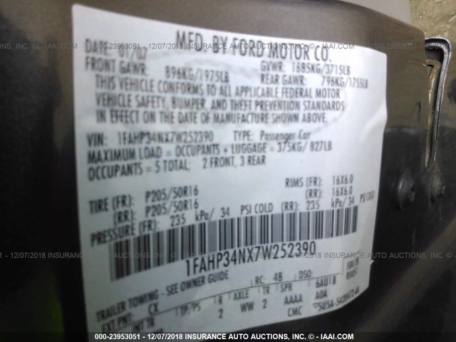 1FAHP34NX7W252390 - 2007 FORD FOCUS ZX4/S/SE/SES 灰色 照片 9