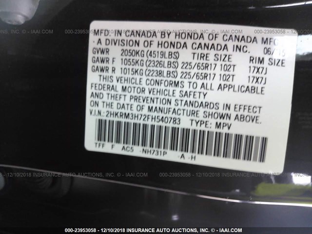 2HKRM3H72FH540783 - 2015 HONDA CR-V EXL BLACK photo 9