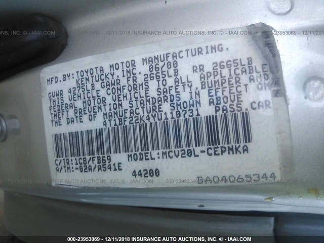 4T1BF22K4YU110731 - 2000 TOYOTA CAMRY LE/XLE SILVER photo 9