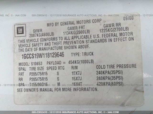 1GCCS19W118129646 - 2001 CHEVROLET S TRUCK S10 WHITE photo 9