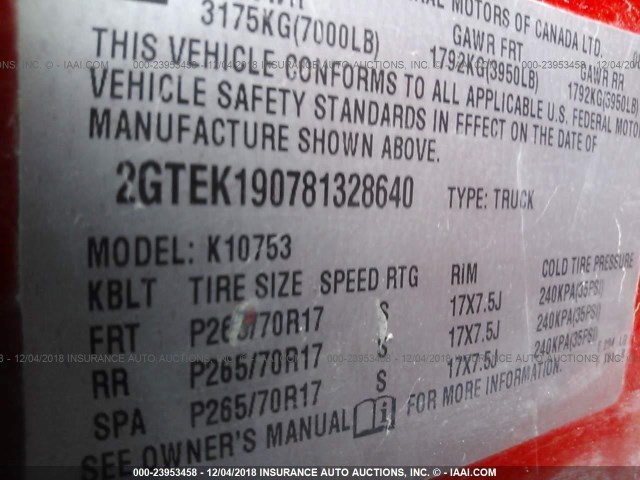 2GTEK190781328640 - 2008 GMC SIERRA K1500 RED photo 9