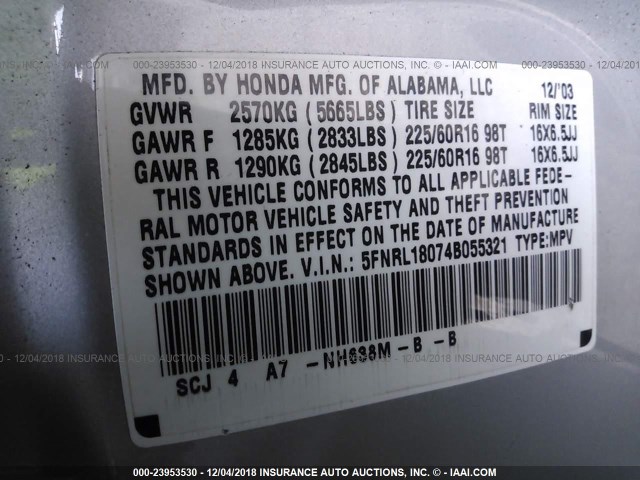 5FNRL18074B055321 - 2004 HONDA ODYSSEY EXL SILVER photo 9